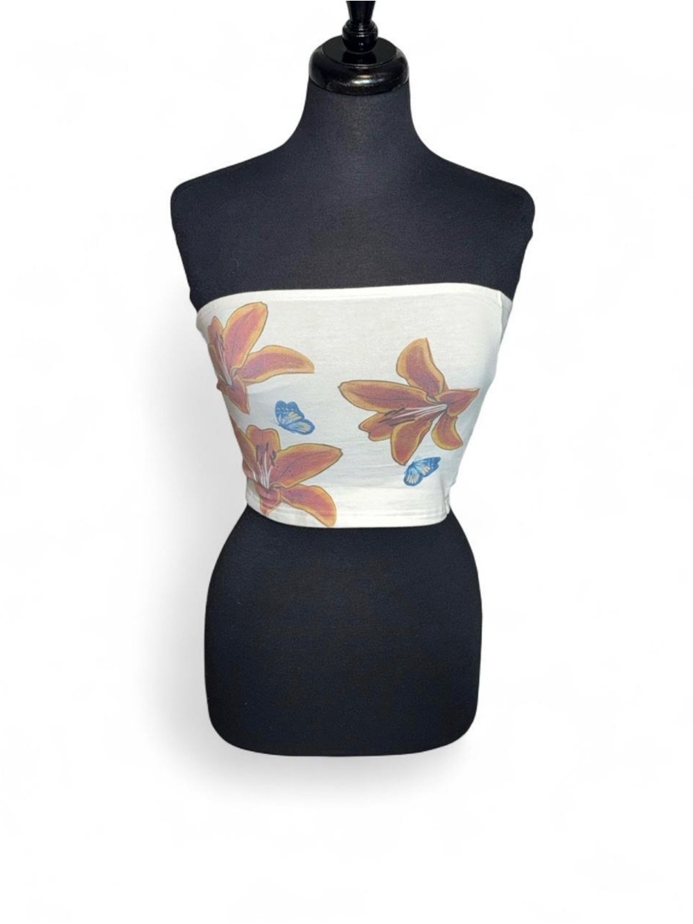 Y2K Edikted white tube crop top with orange & blue floral print